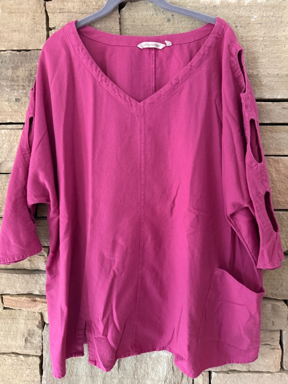 Soft Surroundings Magenta V-Neck Tunic with Cutout Sleeve Detail. Front pocket